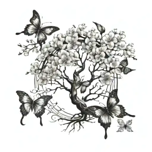Dark Narled Dna Shaped Tree Cherry Blossoms With 3 Butterflies