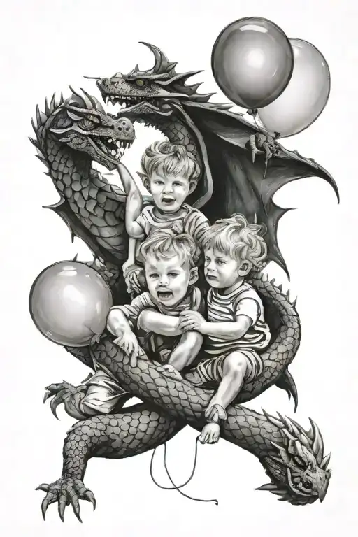 Two Dragons Surrounding 2 Children Holding Balloons