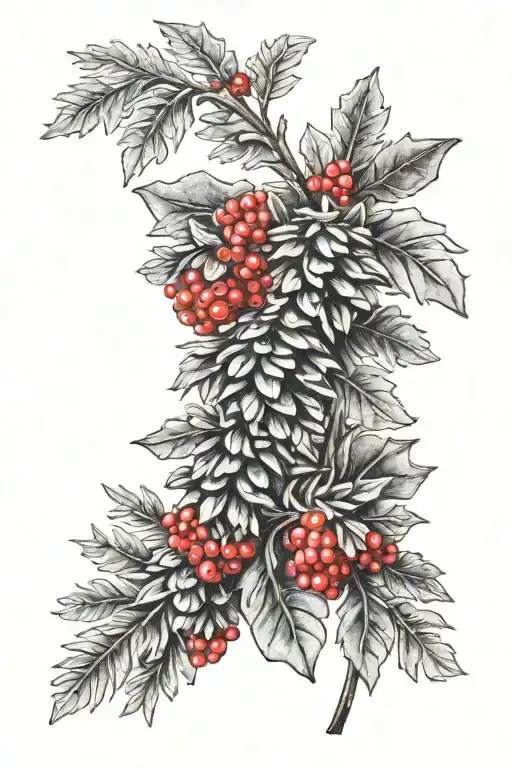 Winter Themed Thigh Tatto Black And White Pinecones And Leaves With Small Red Berries