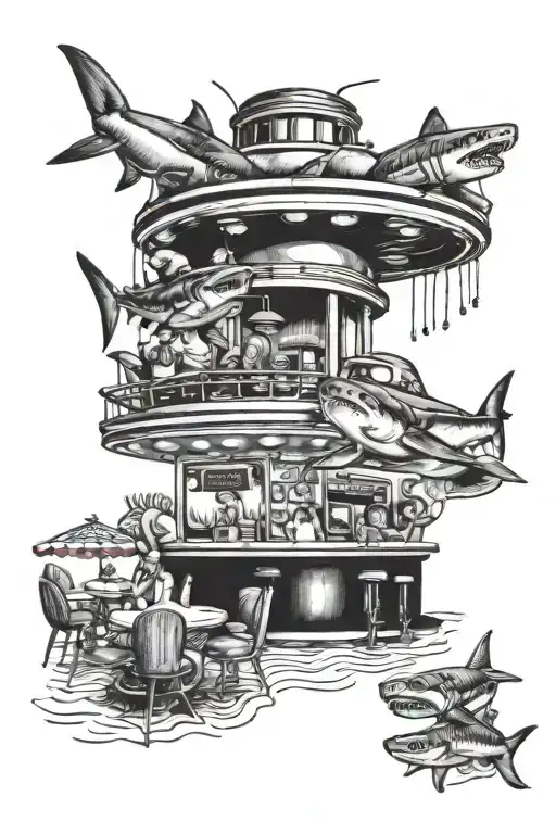 A Blackwork Tattoo Of A Retro 50S Diner Scene With Sharks Swimming In The Background