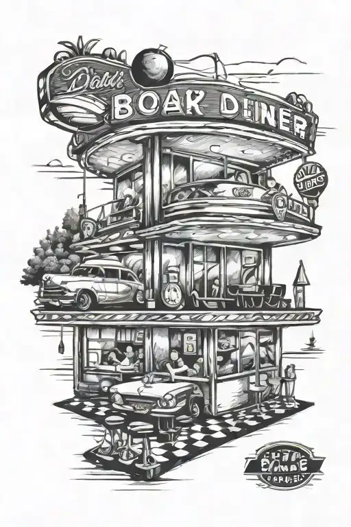 A Blackwork Tattoo Of A Retro 50S Diner Scene With Great White