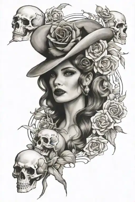 Great White And Skulls Roses 50S Girl Pinup