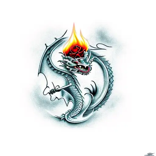 Dragon With Rose And Flames