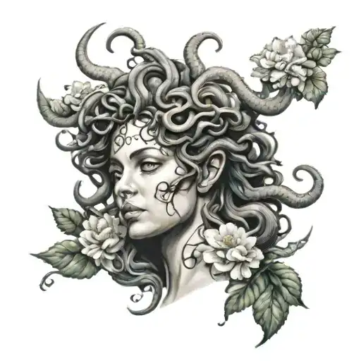 Medusa Portrait Surrounded Flowers