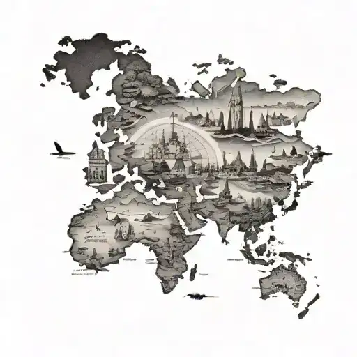 A Tattoo Of A World Map With Landmarks From Different Cultures Incorporated Into The Design