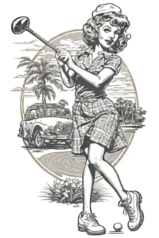 Pinup Girl Playing Golf On A Vintage 50S Golf Course