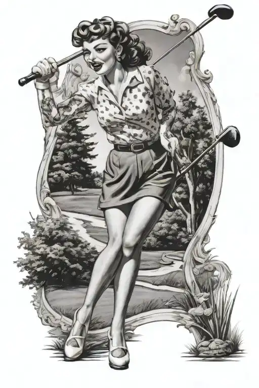 Pinup Girl Playing Golf On A Vintage 50S Golf Course