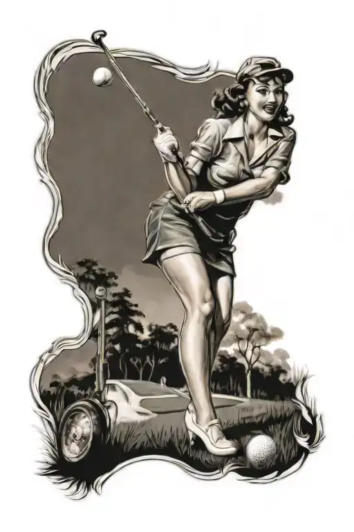 Pinup Girl Playing Golf On A Vintage 50S Golf Course