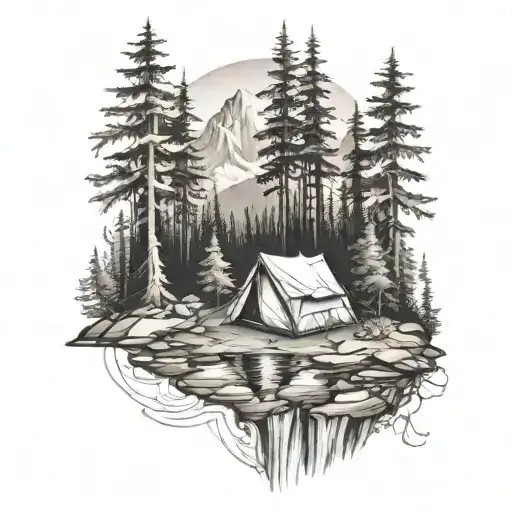Mountains Tent River And Forest