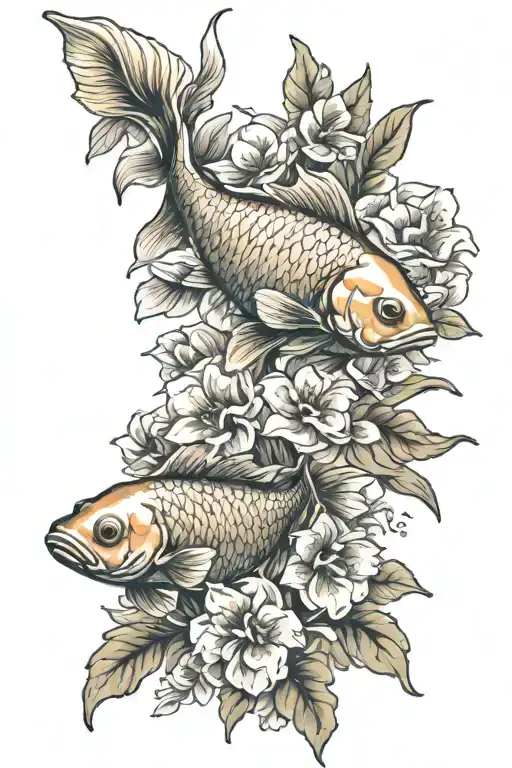 Gold Fish Swimming Through Flowers