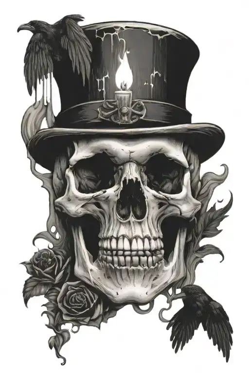 Black And White Realism Skull With Candle Melting With A Raven On The Skull
