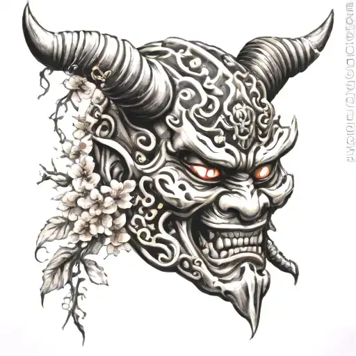 Japanese Oni Mask With Cherry Blossom Tree