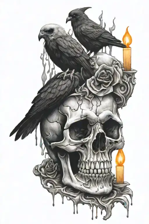 Black And White Realism Skull With Candle Melting With A Raven On The Skull