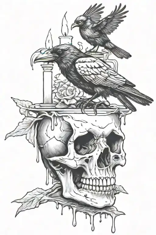 Black And White Realism Skull With One Candle Melting With One Raven On The Skull
