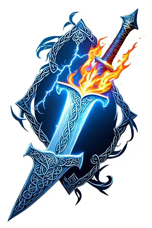 Celtic Sword With Lightning Bolt And Fire Inside