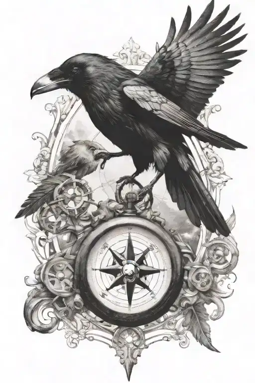 Raven Flying With Compass In Beak Holding Key Symbolizing The Power