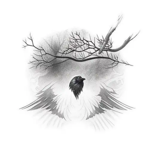 Odins Crow In A Forrest With A Lane Ith Odins Face As The Mirror In The Lake