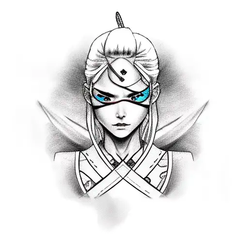 Girl Ninja With White Hair A Scar In Her One Eye A Katana And Hair Bandana Tattoo Style