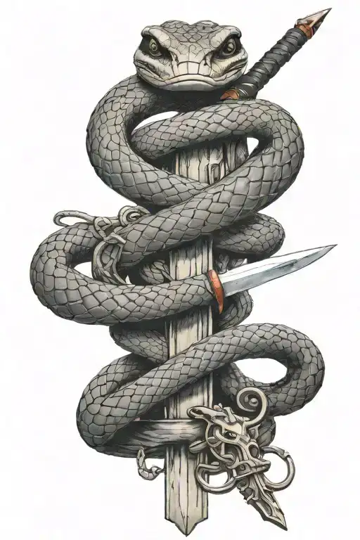 Sword Intertwined With A Living Snake And A Dead Snake