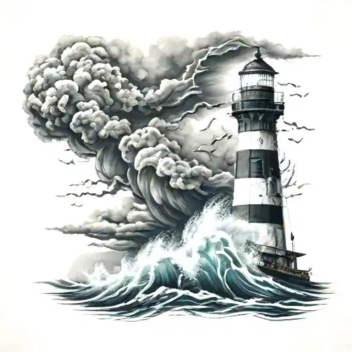 Boat Sailing In The Storm With A Lighthouse Ahead