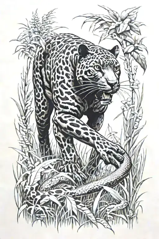 Black Panther Walking In Grass With Python Snake