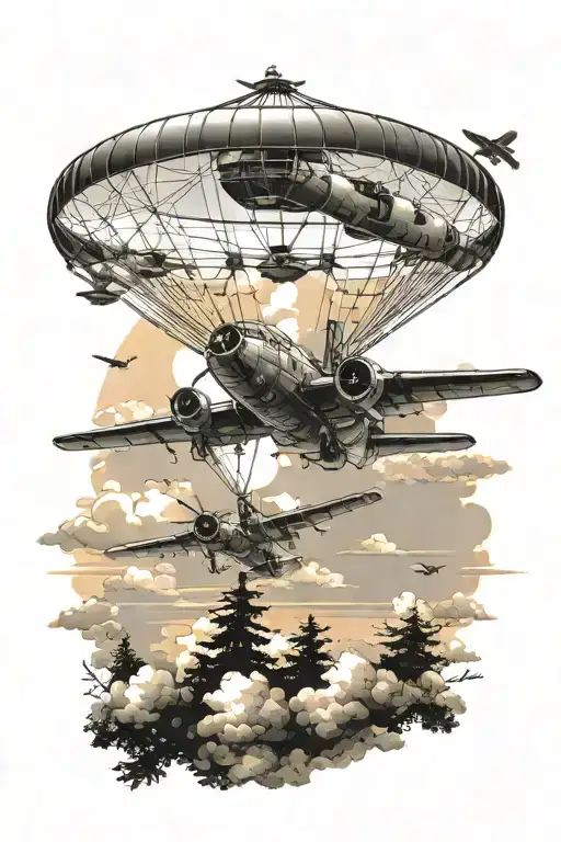 Army Plane Flying In Sky With Sunset And Parachuter With Battleground And Trees And Clouds