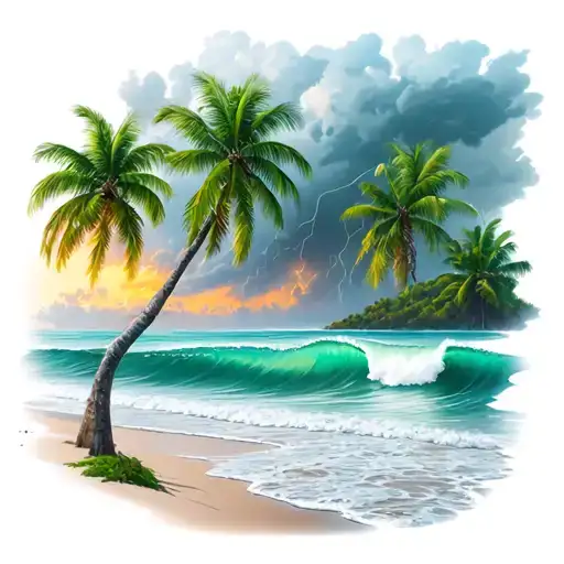 Beach With Palm Trees And Waves With A Storm In The Distance