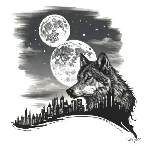Wolf Under A Moon With City Skyline And The Horizon The The Ocean