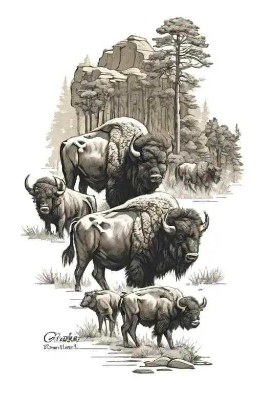 Bison Herd With Three Calves Pine Forest Strength Peace Responsibility