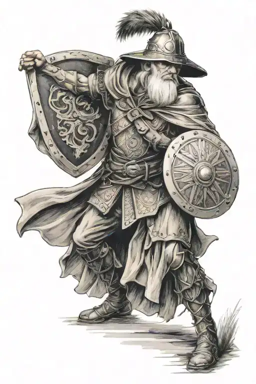 Warrior Standing Old Man Cloack Shield Engraved