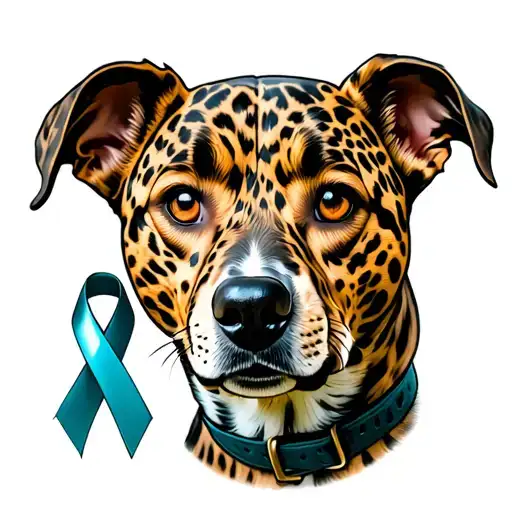 A Realistic Portrait Of A Catahoula Leopard Dog With A Brain Injury Awareness Ribbon As A Collar