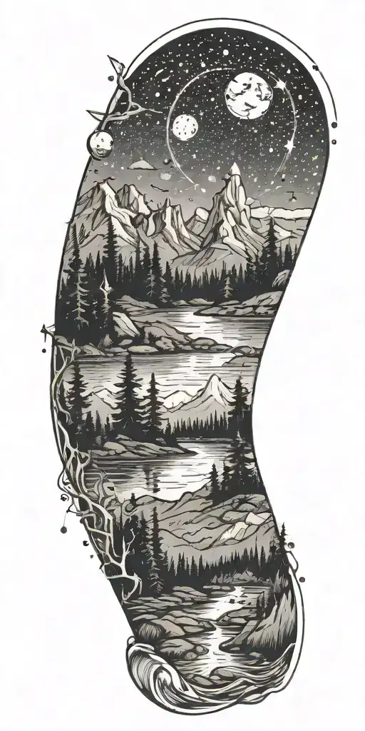 Aquarius Constellation With Mountains With Forest With River And Small Campfire