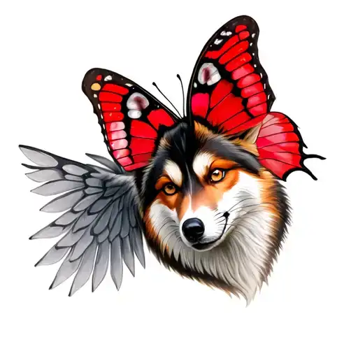 Red Butterfly With Wings That Has Husky Eyss And A Foxes Eyss On It