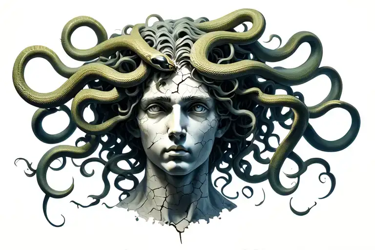 Medusa's Head With Snake Hair And With The Texture Of A Cracked Marble Statue