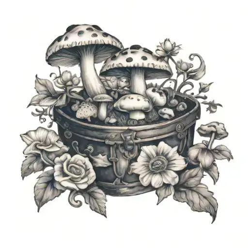 Black And White Chest Collarbone Piece Alice In Wonderland Mushrooms And Flowers