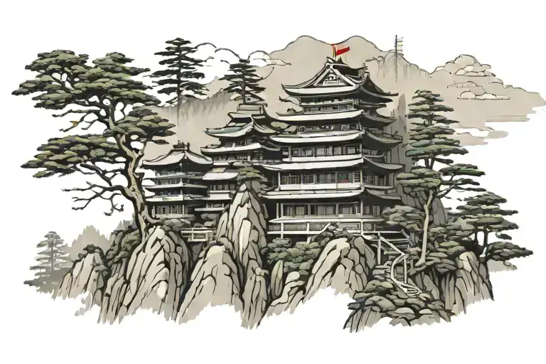 Japanese 4 Story Building On The Mountain And Forest Background