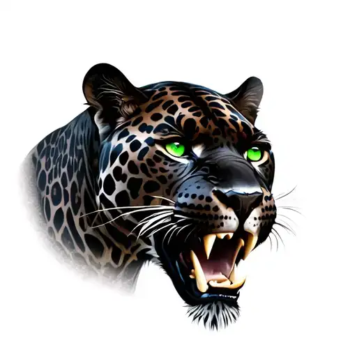 Black Jaguar With 3 Teeth And Forest Green Eyes Looking