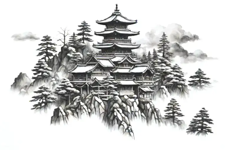 Japanese 3 Story Building On The Forest And Mountain Background