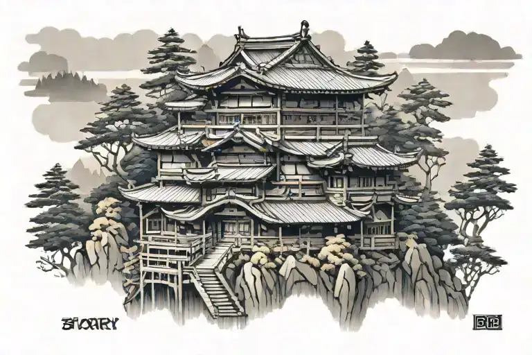 Japanese 3 Story Building On The Forest And Mountain Background