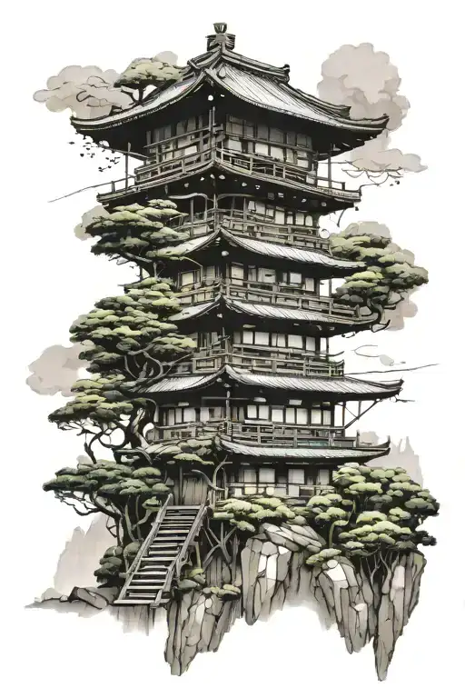 Japanese 3 Story Building In The Mountains With The Forest Background