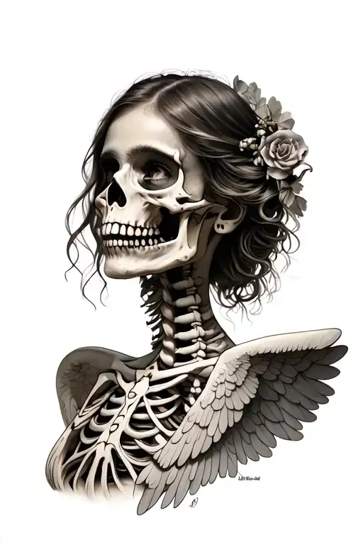 Girl Angel With A Half Face Of A Skeleton