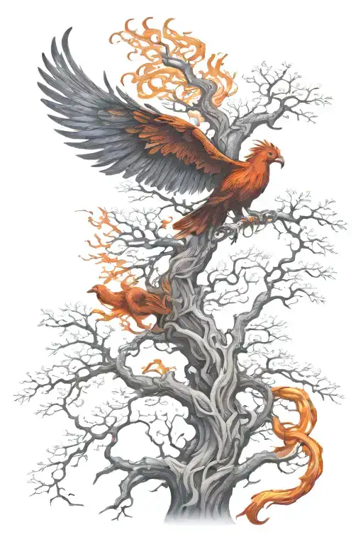 Fiery Phoenix With Family Oak Tree Intertwined