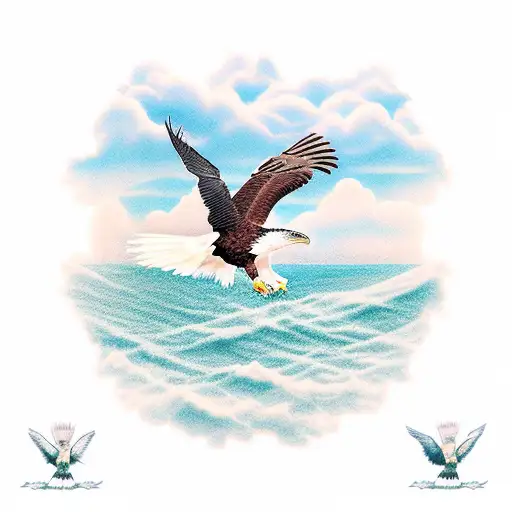 Bald Eagle And Hummingbird Next To A Pine Tree And The Ocean