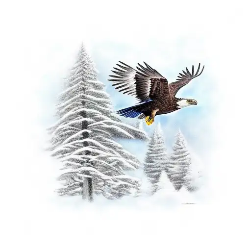 Bald Eagle And Hummingbird Next To A Pine Tree And The Ocean With A Cross
