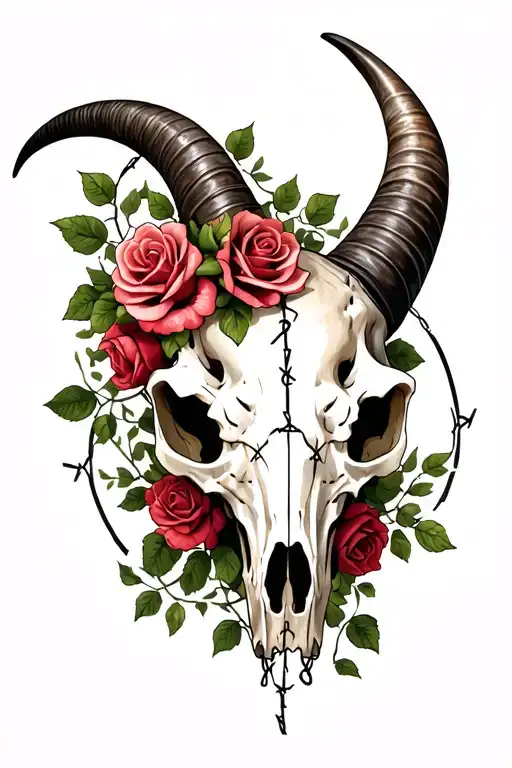 Long Horn Skull With Roses And Vines On The Left Horn And Barb Wire On The Left Horn