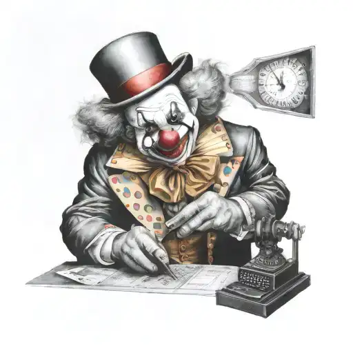 Clown Sitting In An Dark Office Using An Adding Machine