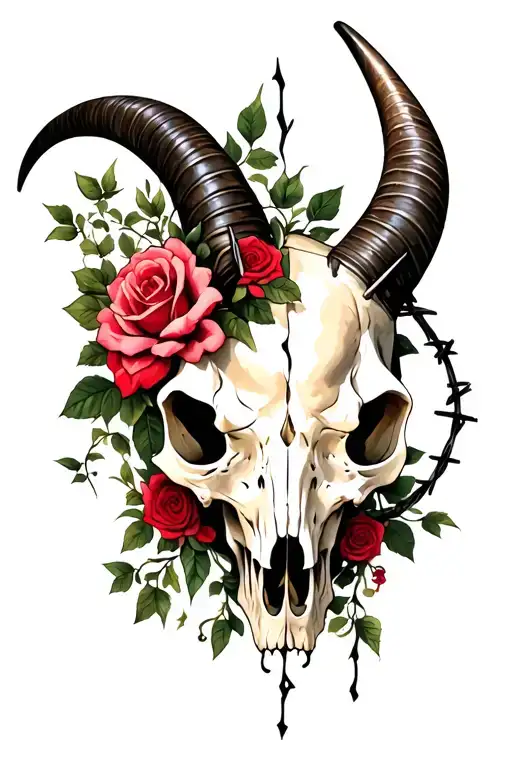 Long Horn Skull With Roses And Vines On The Left Side Horn And Barb Wire On The Right Side Horn
