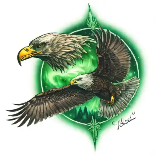 Dad In Alsaska And Nothern Lights In The Backround And An Eagal Flying Over