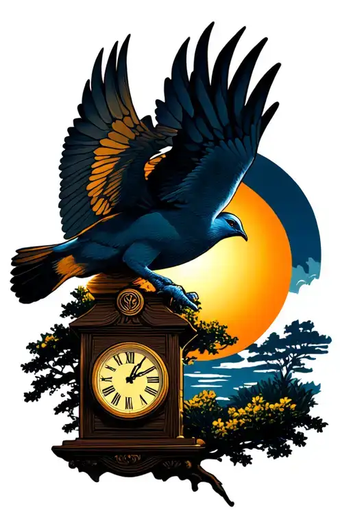 Dove Flying Towards Sun With Eye Clock And Tree