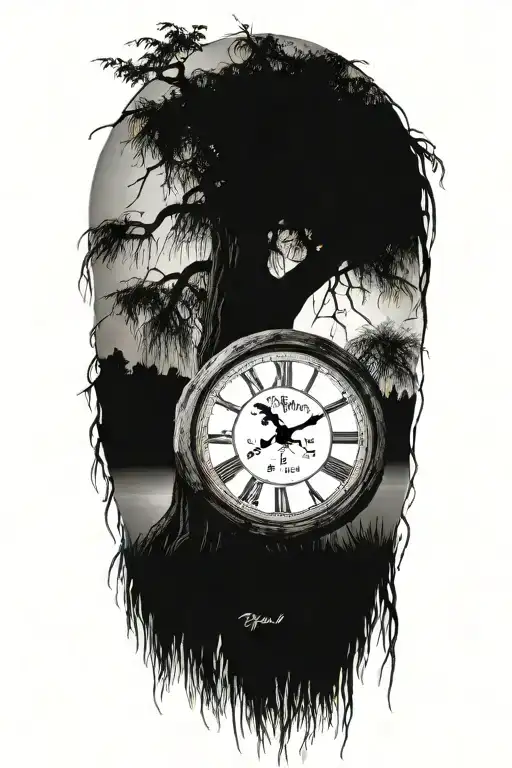 Weeping Willow Tree With Grandfater Clock And Pengelum Inside The Trunk